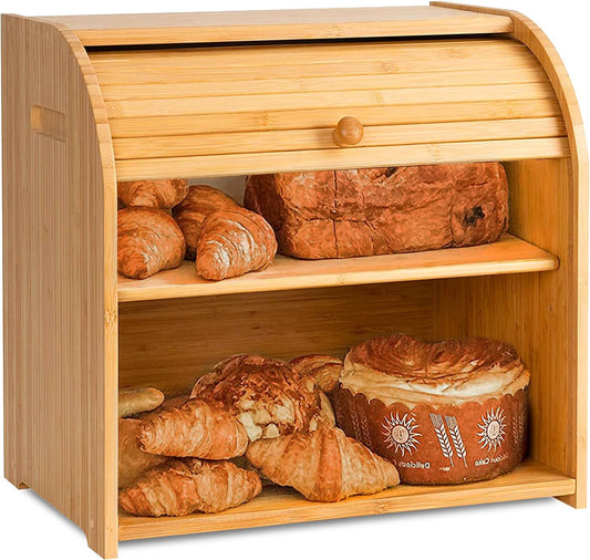 Large Bamboo Bread Box with Roll Top for Kitchen Storage, Brown - main product image