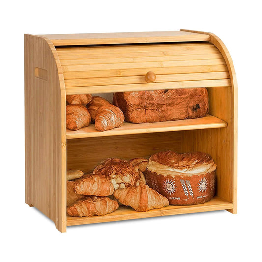 Large Bamboo Bread Box with Roll Top for Kitchen Storage, Brown - main product image