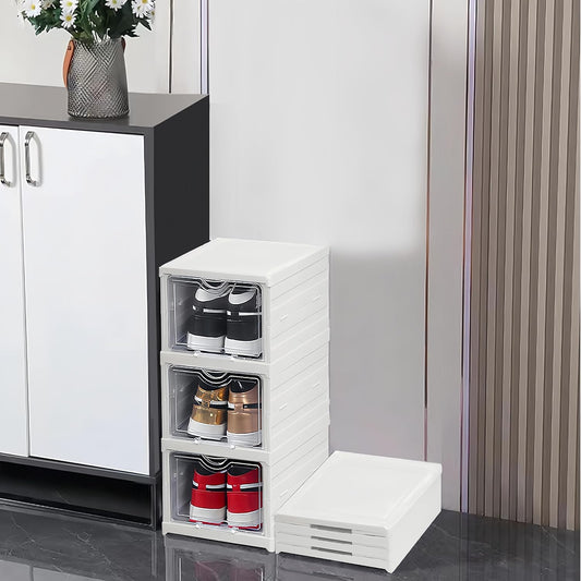 3-Tier Stackable Shoe Storage Box with Clear Door for Closet or Entryway, White - main product image