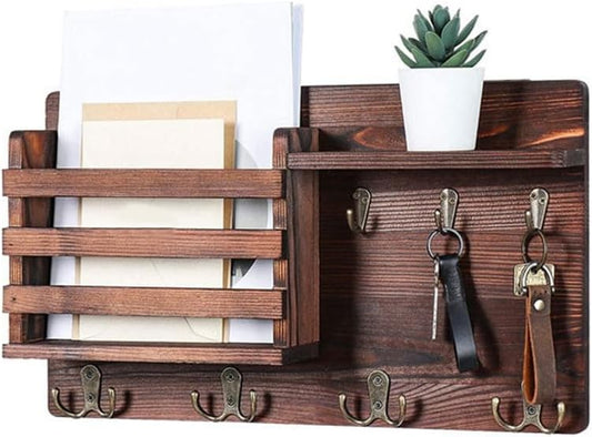Rustic Wood Wall Mounted Key and Mail Holder Organizer, Brown - main product image