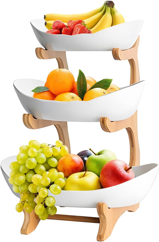 3-Tier Fruit Bowl Basket with Bamboo Stand for Kitchen, White - main product image