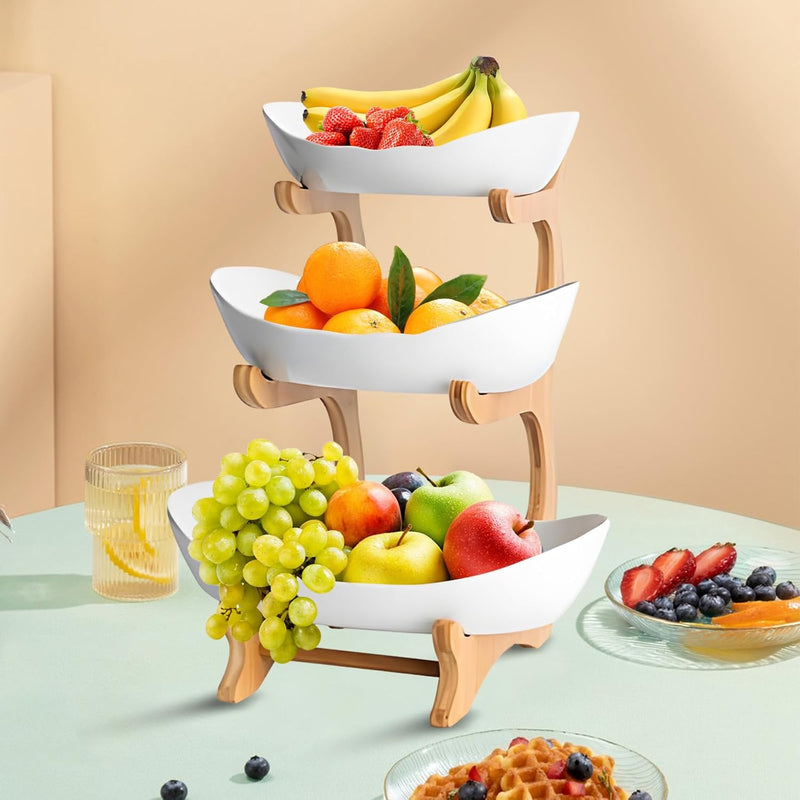 3-Tier Fruit Bowl Basket with Bamboo Stand for Kitchen, White - alternate angle
