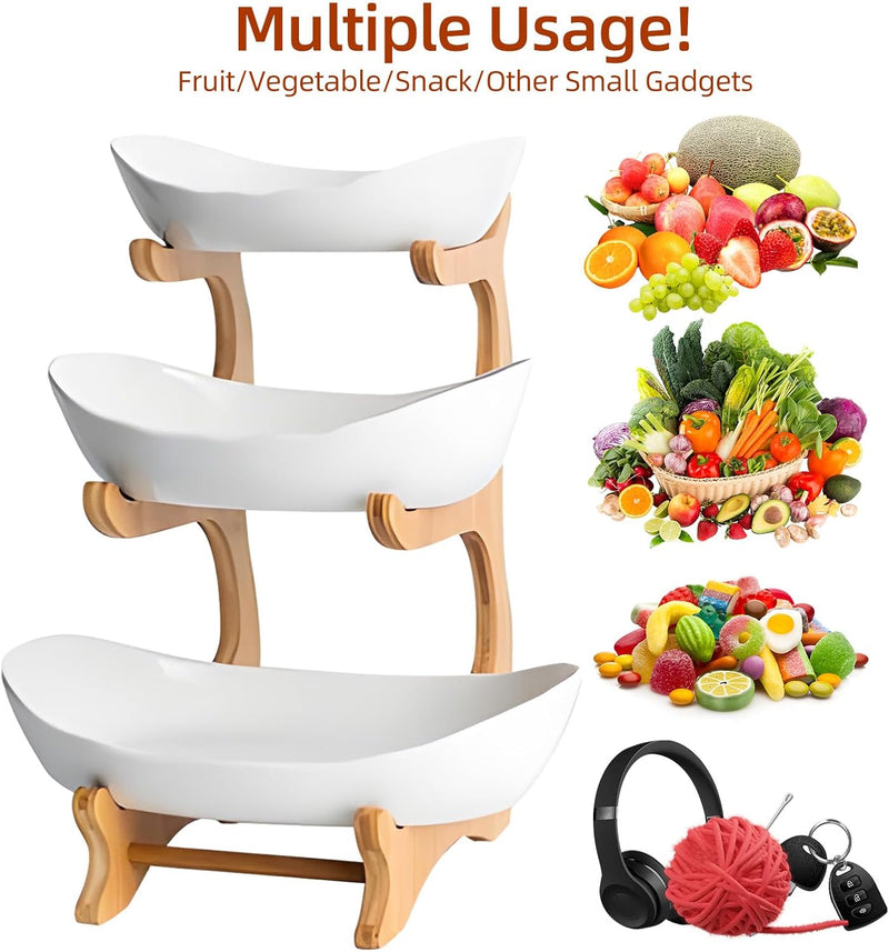 3-Tier Fruit Bowl Basket with Bamboo Stand for Kitchen, White - detail view