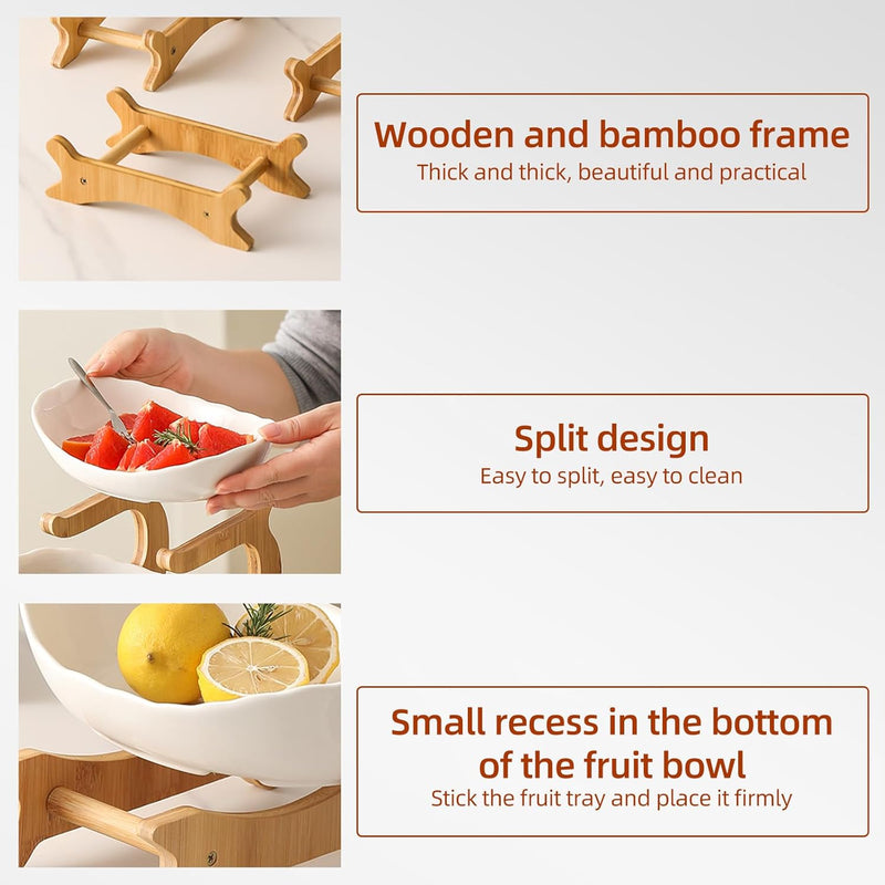 3-Tier Fruit Bowl Basket with Bamboo Stand for Kitchen, White - size and scale view