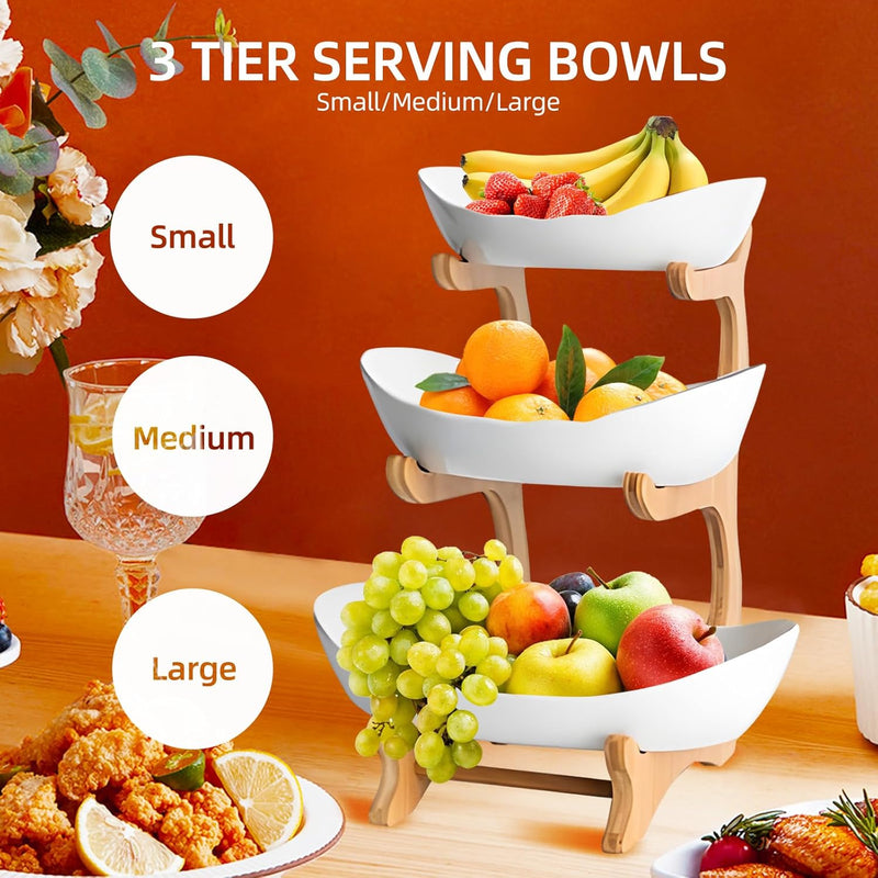 3-Tier Fruit Bowl Basket with Bamboo Stand for Kitchen, White - additional product view