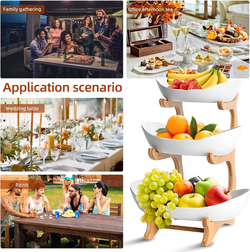 3-Tier Fruit Bowl Basket with Bamboo Stand for Kitchen