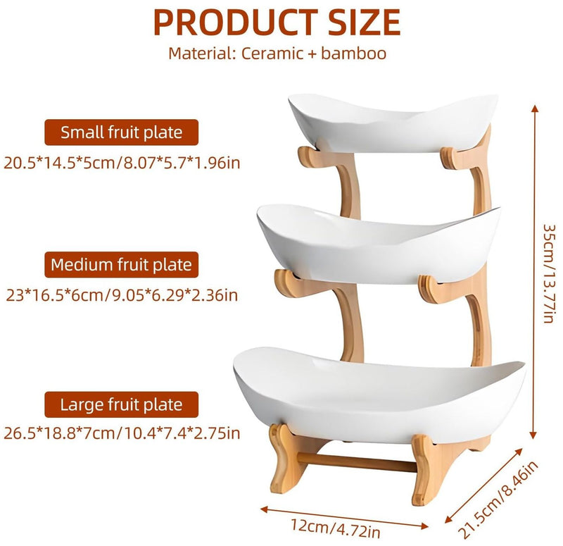 3-Tier Fruit Bowl Basket with Bamboo Stand for Kitchen