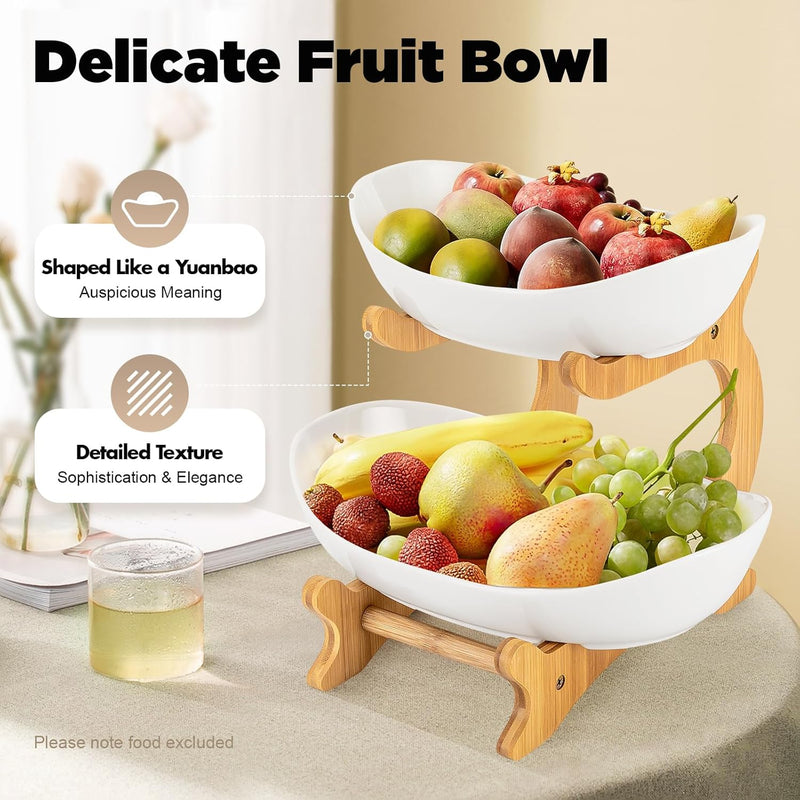 2-Tier Fruit Bowl Basket with Bamboo Stand for Kitchen, Natural - detail view