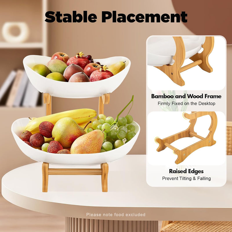 2-Tier Fruit Bowl Basket with Bamboo Stand for Kitchen, Natural - size and scale view