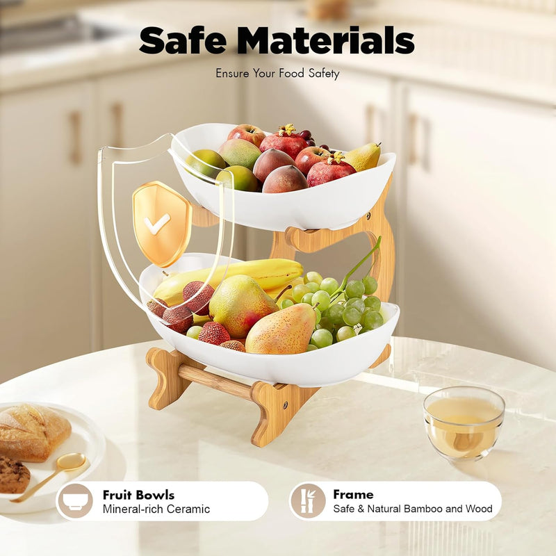 2-Tier Fruit Bowl Basket with Bamboo Stand for Kitchen, Natural - additional product view