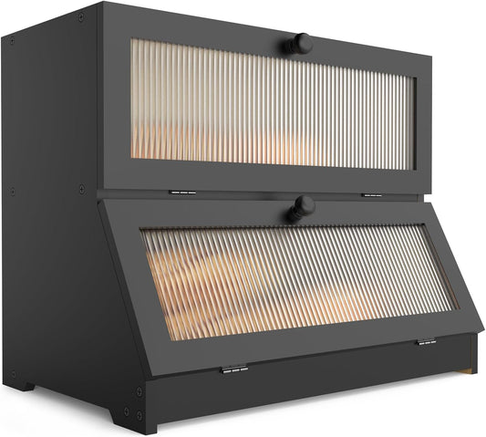 Double Layer Bamboo Bread Box with Clear Window for Kitchen Counter, Black - main product image
