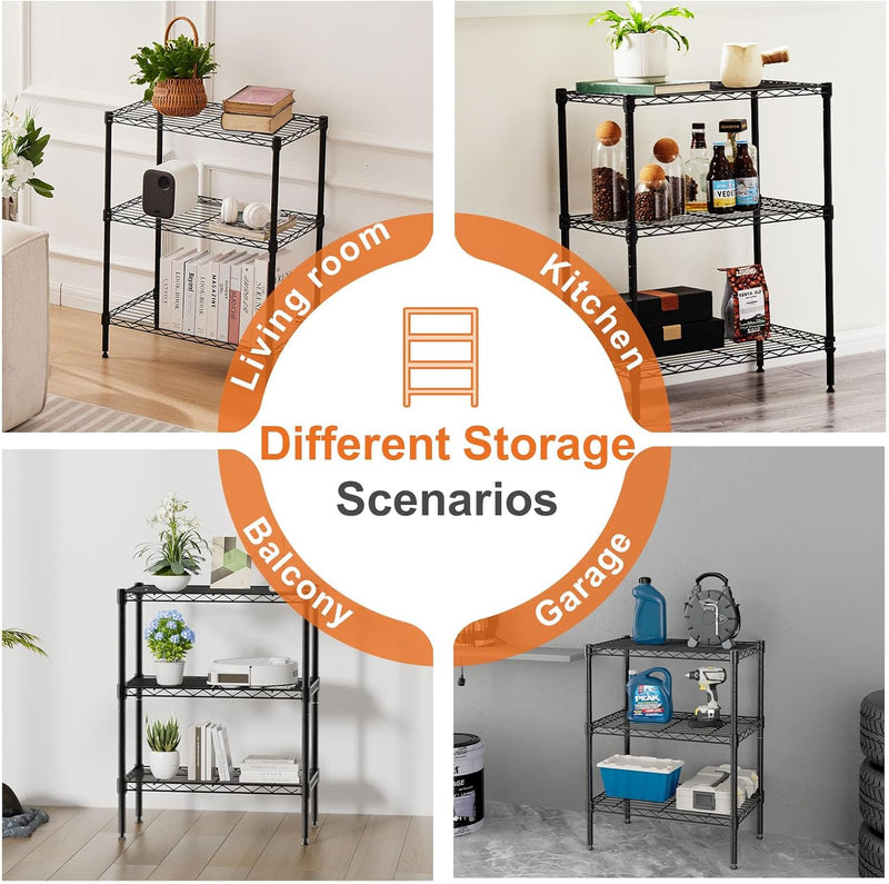 3 Tier Adjustable Metal Storage Shelves Wire Rack Organizer, Black - detail view
