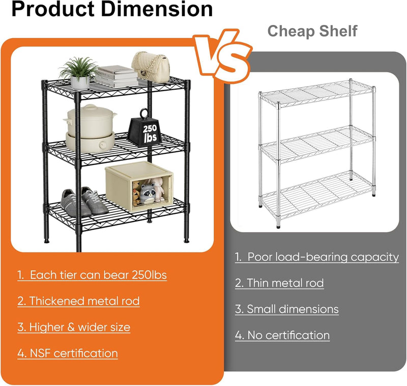 3 Tier Adjustable Metal Storage Shelves Wire Rack Organizer, Black - size and scale view