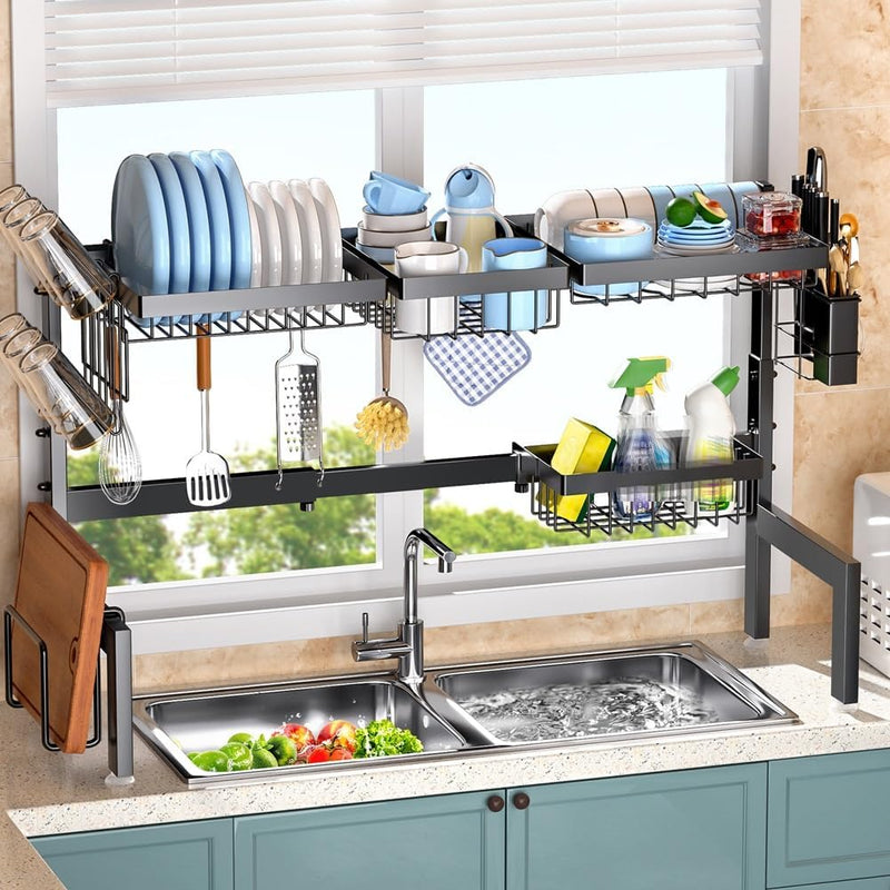 Adjustable Over Sink Dish Drying Rack with Utensil Holder, White - main product image