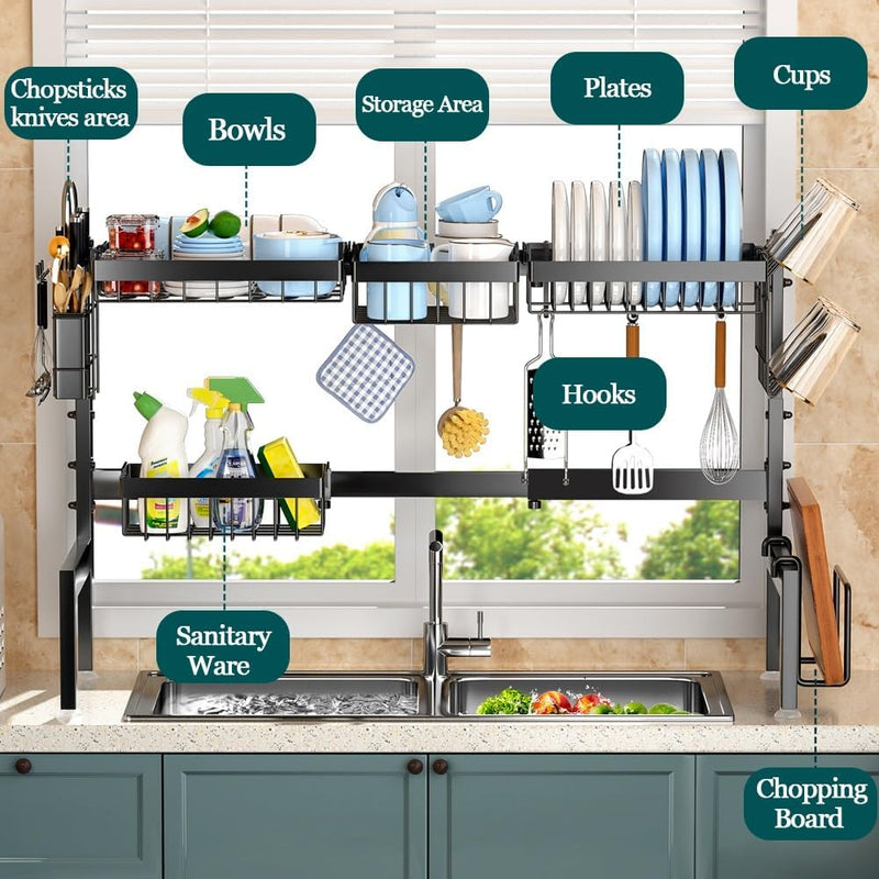 Adjustable Over Sink Dish Drying Rack with Utensil Holder, White - alternate angle