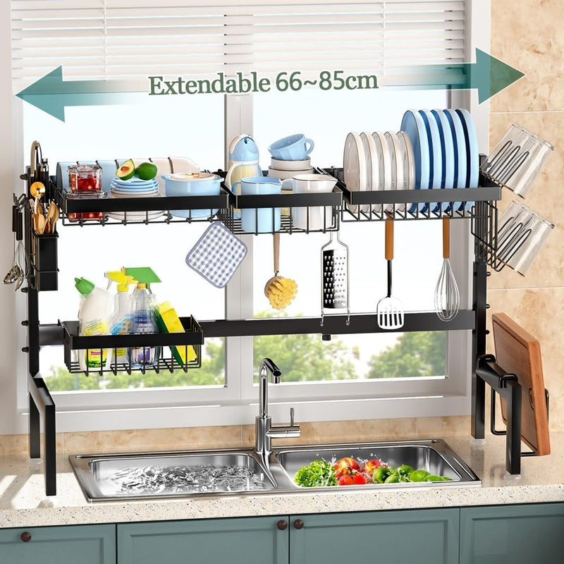 Adjustable Over Sink Dish Drying Rack with Utensil Holder, White - detail view