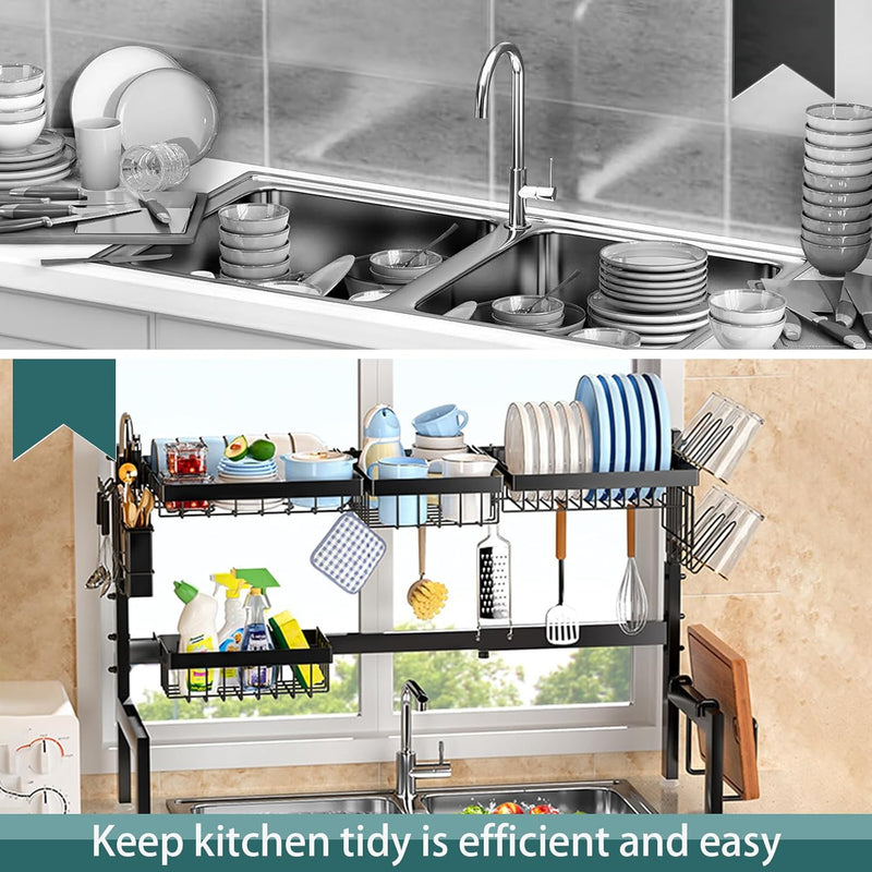 Adjustable Over Sink Dish Drying Rack with Utensil Holder