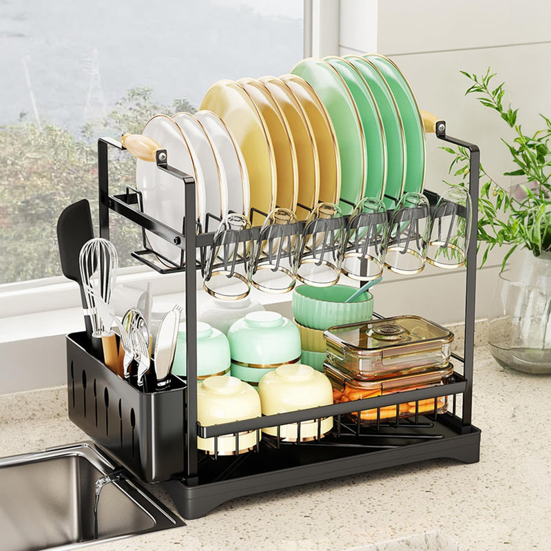 2-Tier Large Dish Drying Rack with Drainboard and Utensil Holder, Black - main product image