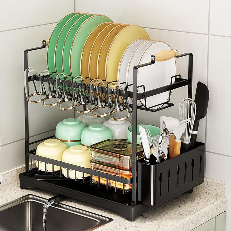 2-Tier Large Dish Drying Rack with Drainboard and Utensil Holder