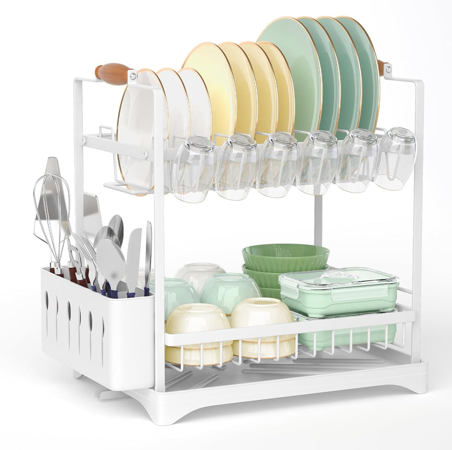 2-Tier Large Dish Drying Rack with Drainboard and Utensil Holder, White - main product image
