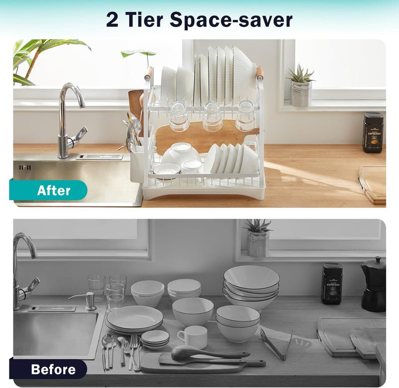2-Tier Large Dish Drying Rack with Drainboard and Utensil Holder, White - size and scale view