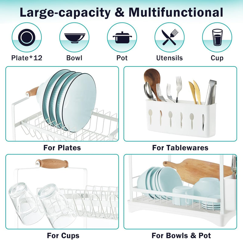 2-Tier Large Dish Drying Rack with Drainboard and Utensil Holder