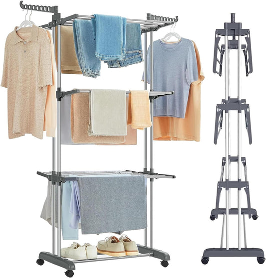 Folding Clothes Drying Rack with Wheels and Adjustable Wings, Grey - main product image