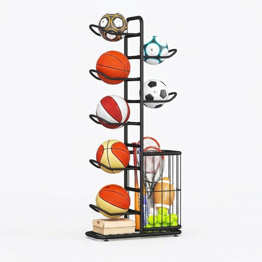 7 Tier Ball Storage Rack with Side Basket, Black - main product image