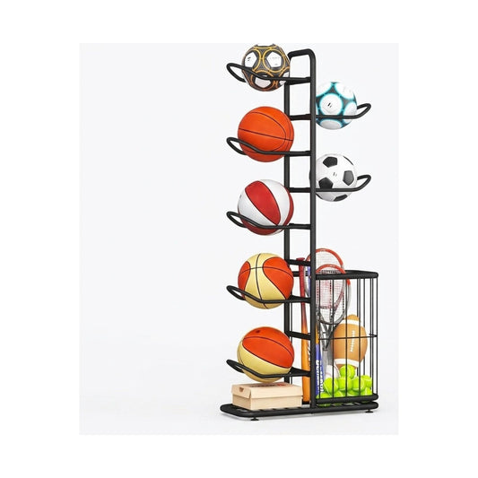 7 Tier Ball Storage Rack with Side Basket, Black - main product image