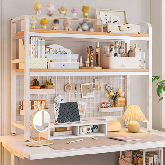 2-Tier Metal Desktop Hutch Bookshelf with Grid Panel for Computer Desk, White - main product image