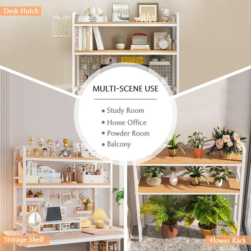 2-Tier Metal Desktop Hutch Bookshelf with Grid Panel for Computer Desk, White - alternate angle