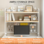 2-Tier Metal Desktop Hutch Bookshelf with Grid Panel for Computer Desk, White - detail view