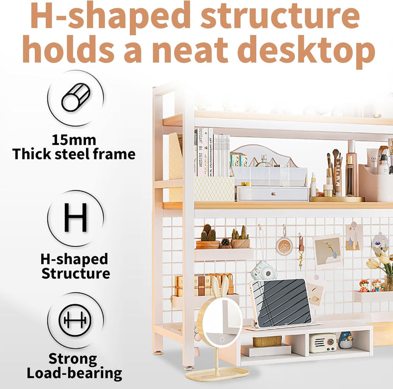 2-Tier Metal Desktop Hutch Bookshelf with Grid Panel for Computer Desk