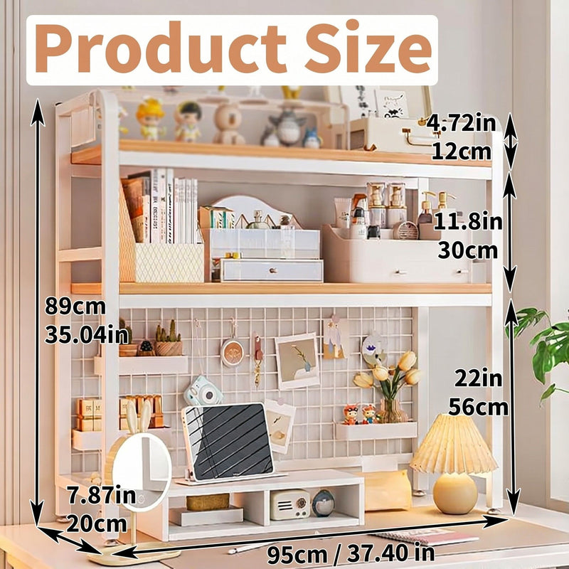 2-Tier Metal Desktop Hutch Bookshelf with Grid Panel for Computer Desk