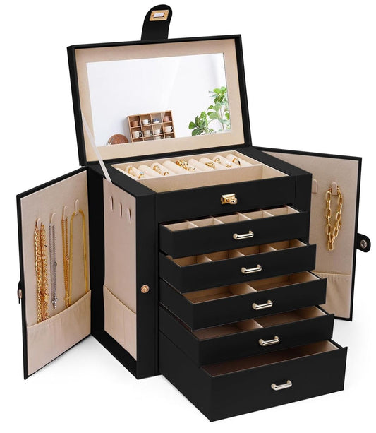 Large Jewelry Box with Mirror - Lock - 5 Drawers and Hooks - Black - main product image
