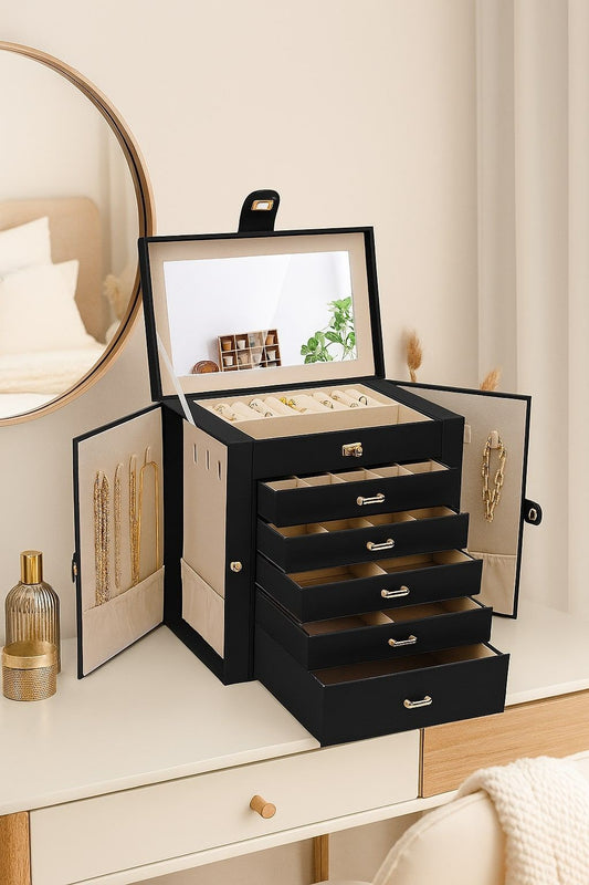 Large Jewellery Box with Mirror - Lock - 6 Drawers and Hooks - Black - alternate angle