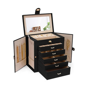 Large Jewellery Box with Mirror - Lock - 6 Drawers & Hooks - Black