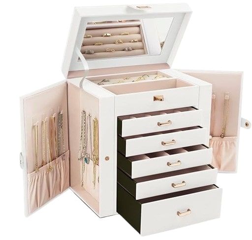 Large Jewelry Box with Mirror - Lock - 5 Drawers and Hooks - White - main product image