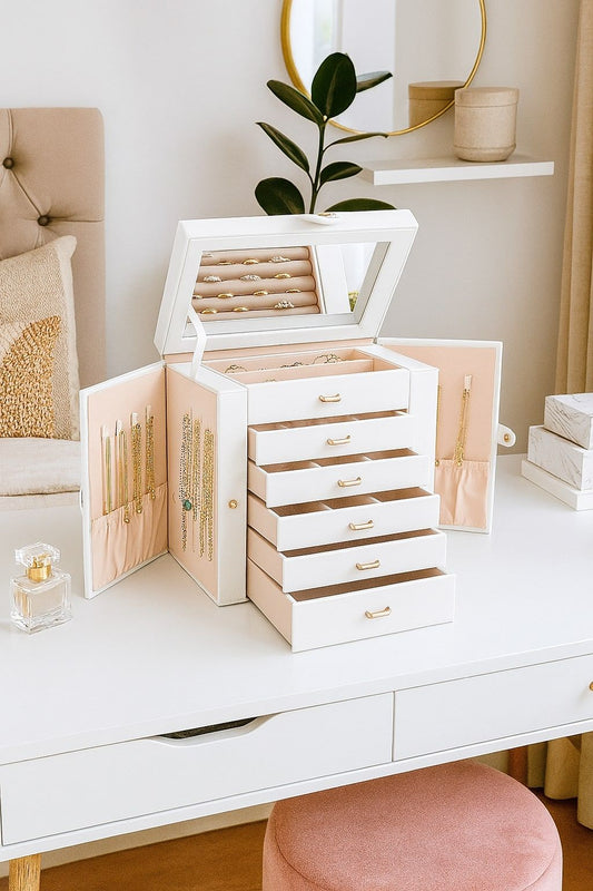 Large Jewellery Box with Mirror - Lock - 6 Drawers and Hooks - White - alternate angle