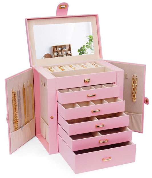 Large Jewelry Box with Mirror - Lock - 5 Drawers and Hooks - Pink - main product image