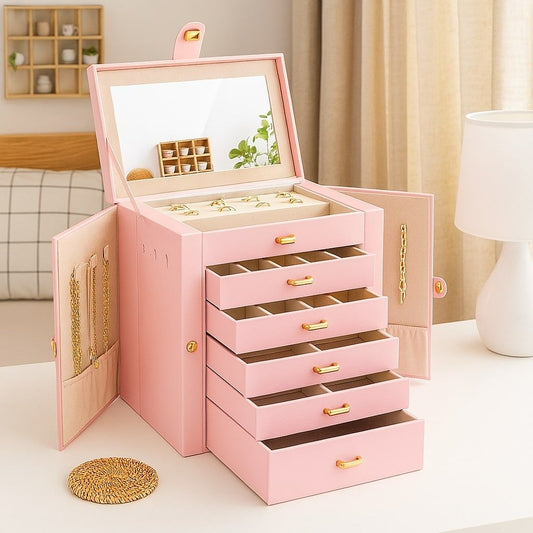 Large Jewellery Box with Mirror - Lock - 5 Drawers and Hooks - Pink - alternate angle