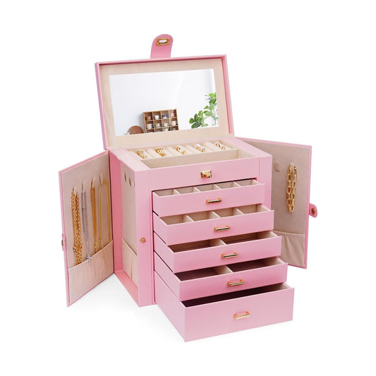 Large Jewellery Box with Mirror - Lock - 5 Drawers and Hooks - Pink - main product image