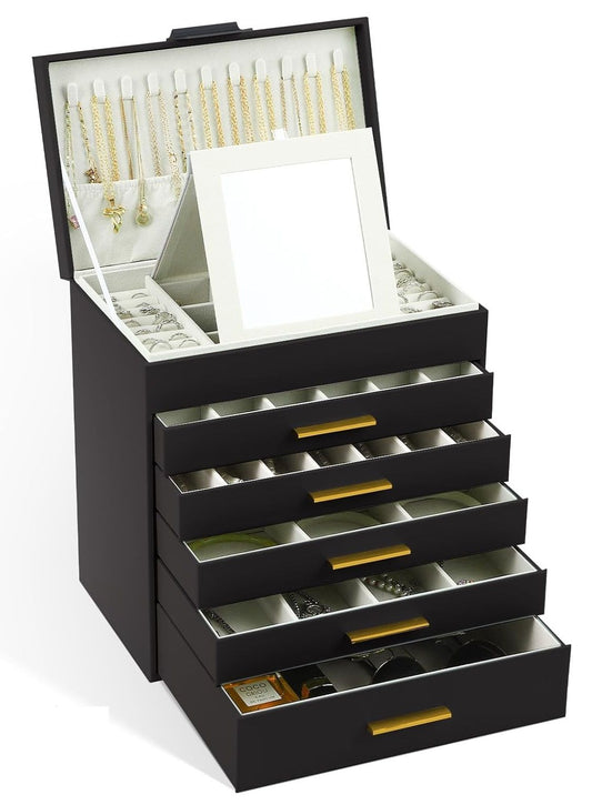 6 - Layer Jewellery Box with Mirror and 5 Drawers - Black - Jewelry Mirror - main product image