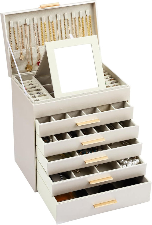 6 - Layer Jewellery Box with Mirror and 5 Drawers - White - Jewelry Mirror - main product image