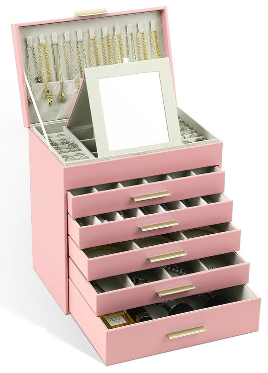6 - Layer Jewellery Box with Mirror and 5 Drawers - Pink - Jewelry Mirror - main product image