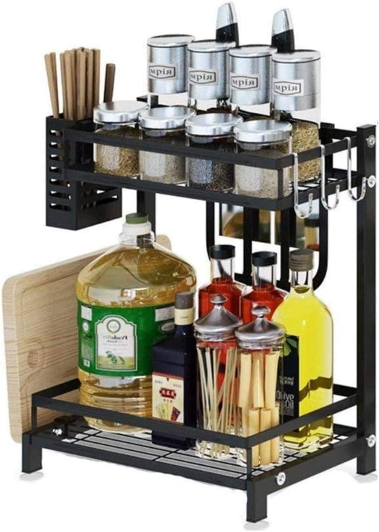 2 Tier Kitchen Spice Rack Organiser for Clutter - Free Counters, Black - main product image