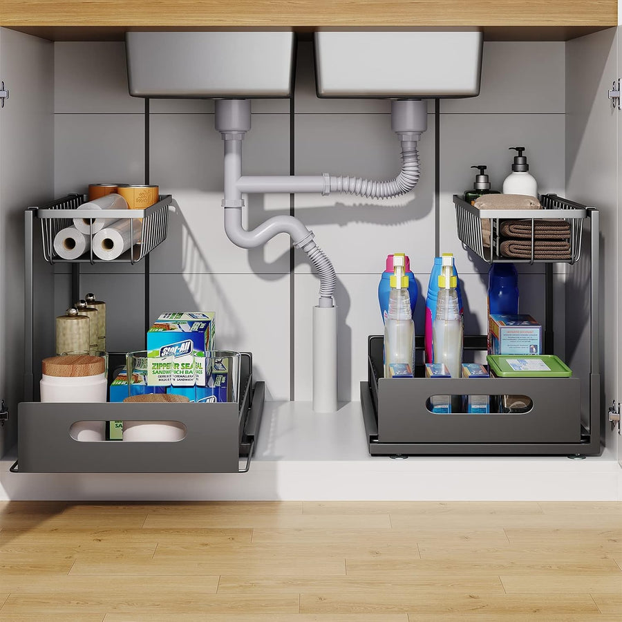2 Pack Under Sink Organiser with Sliding Drawers - Black - main product image