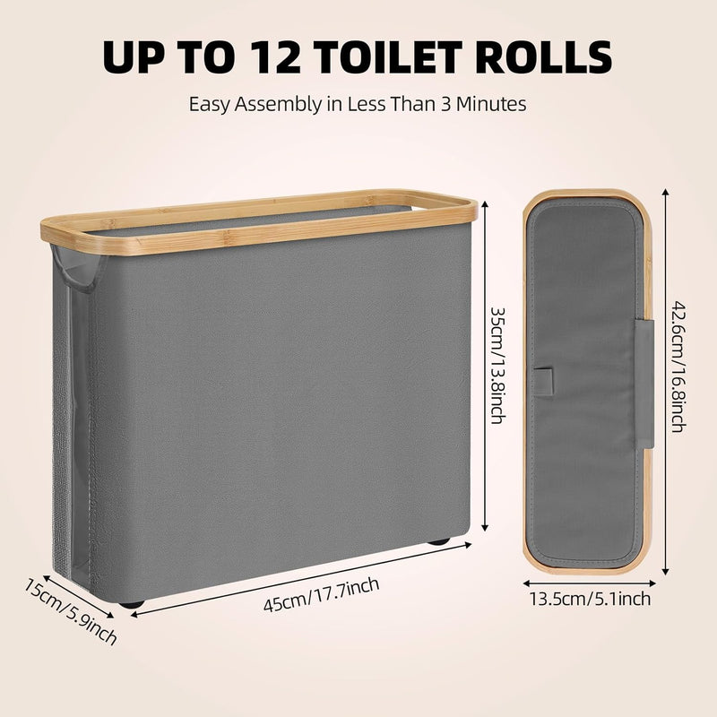 2-Pack Toilet Paper Storage Basket Holds 12 Rolls with Bamboo Lid, Grey - detail view