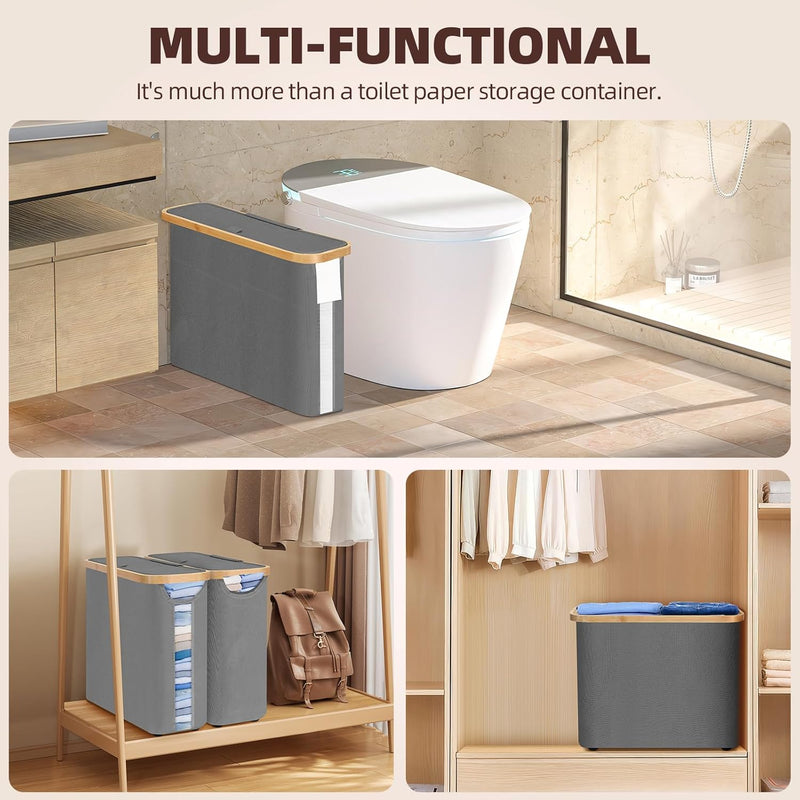 2-Pack Toilet Paper Storage Basket Holds 12 Rolls with Bamboo Lid