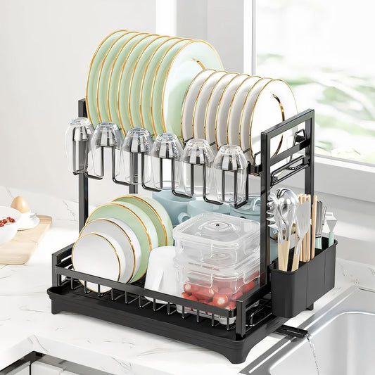 2 Tier Dish Drying Rack with Drainboard for Kitchen, Black - main product image